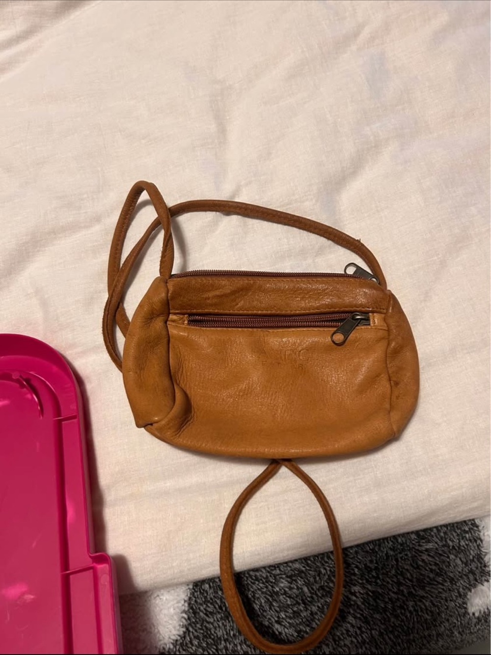 Compact Tan Leather Crossbody with Front Zip Pocket